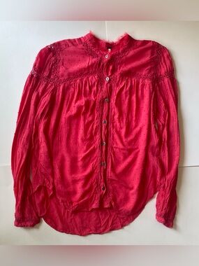 Free People Bright Coral Pink Textured Button-Down Blouse